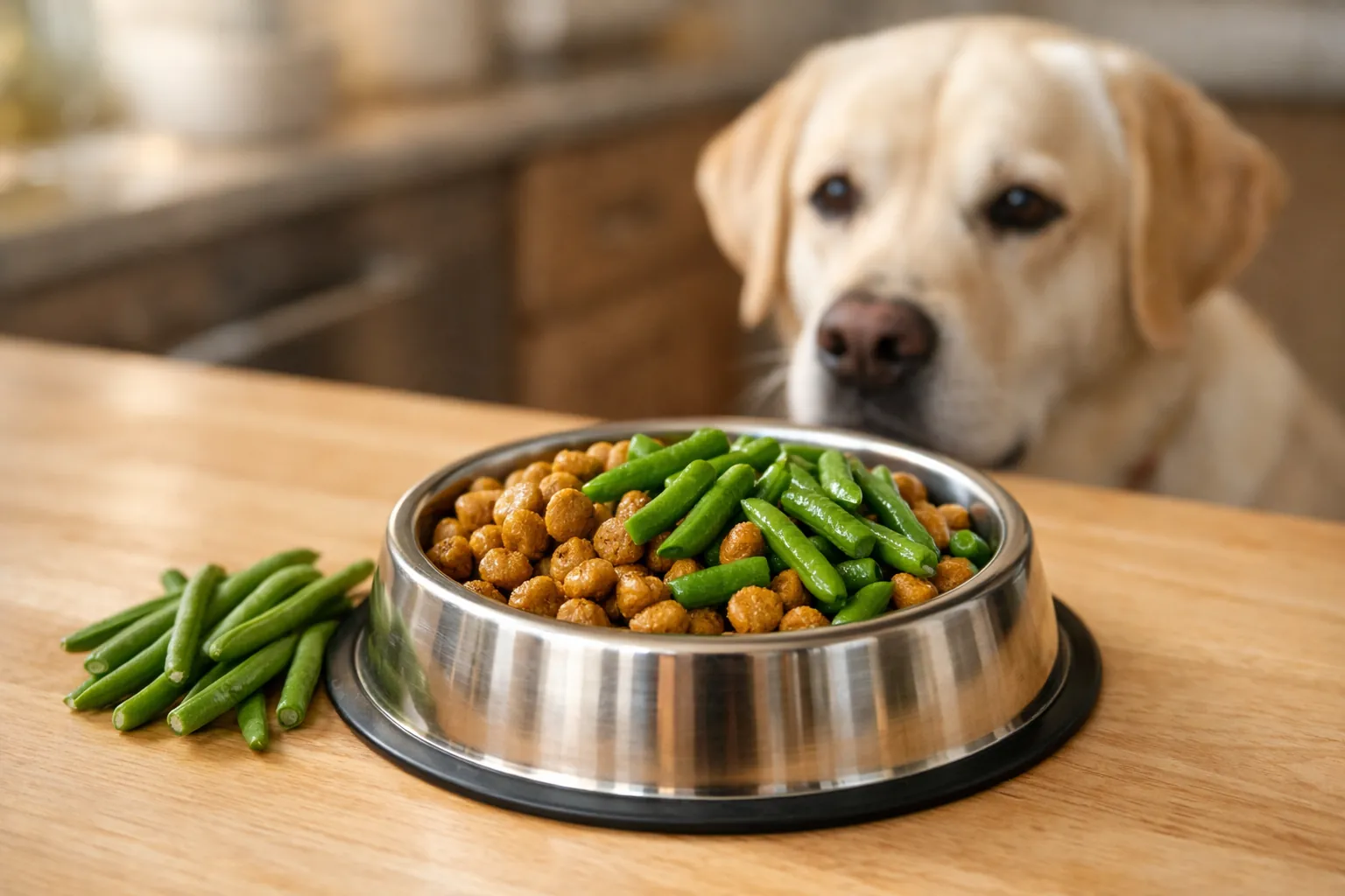 Gamelle en inox avec mélange de croquettes et haricots verts cuits, labrador attendant en arrière-plan — régime canin satiété