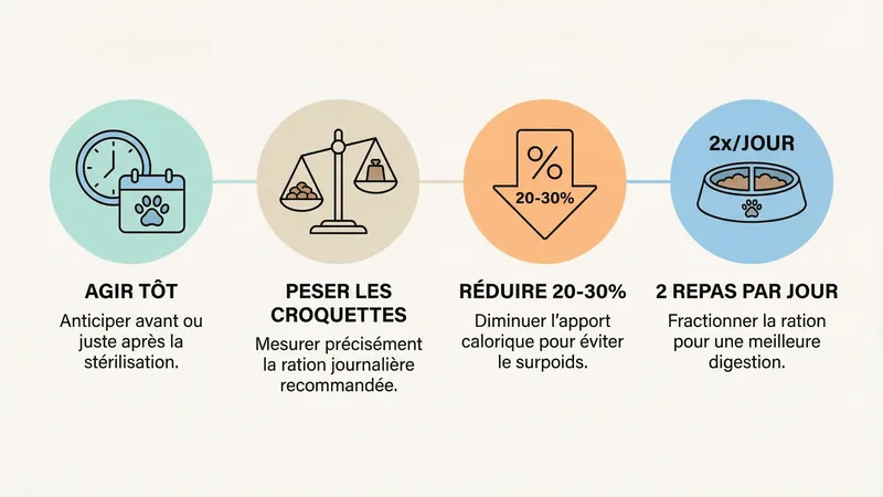 Infographie : les 4 étapes d'adaptation de l'alimentation après stérilisation du chien