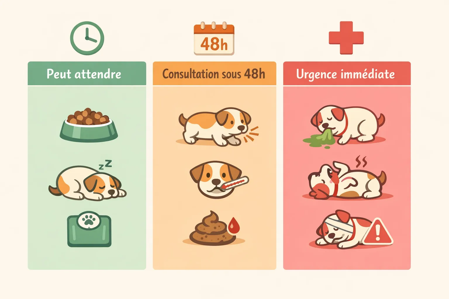 Infographie urgences vétérinaires chien obèse — trois niveaux signaux alarme vert orange rouge