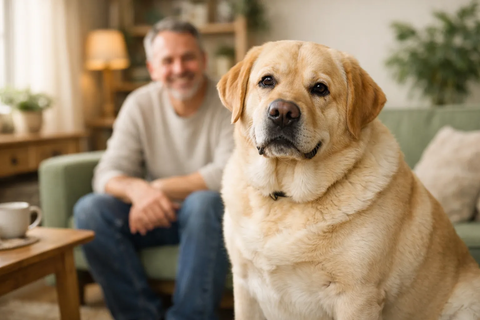 labrador doré en surpoids regardant son propriétaire avec un regard expressif