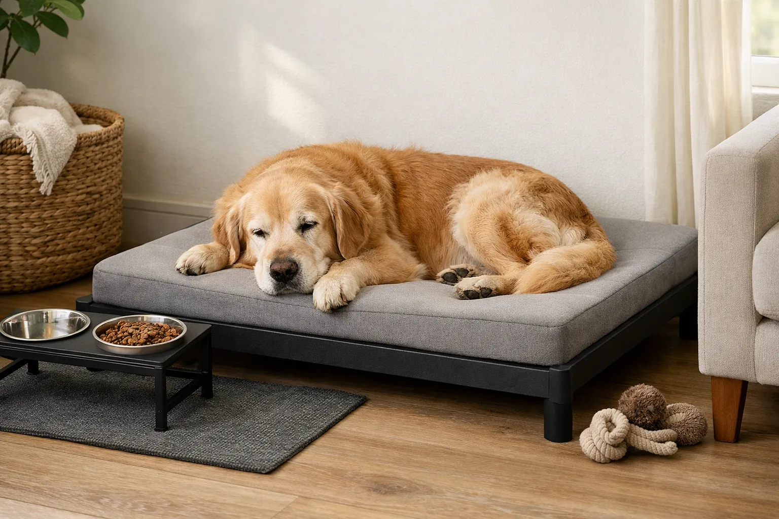 Coin repos d'un chien senior avec literie orthopédique surélevée dans un salon chaleureux