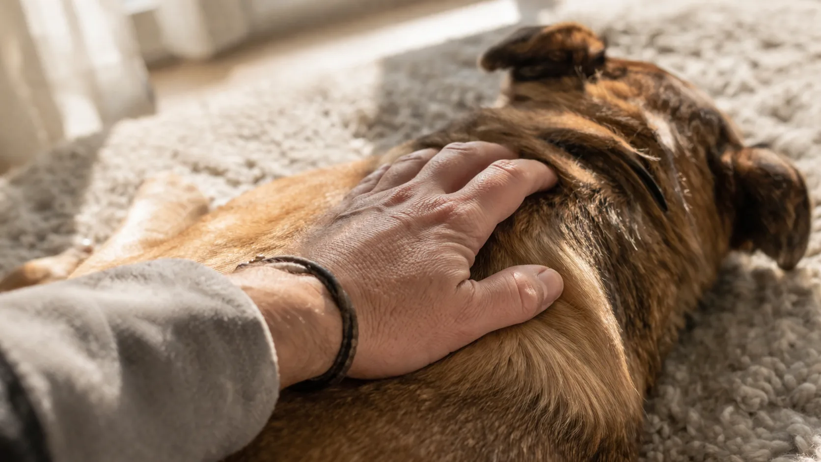 main propriétaire posée affectueusement dos chien obèse lumière naturelle douce