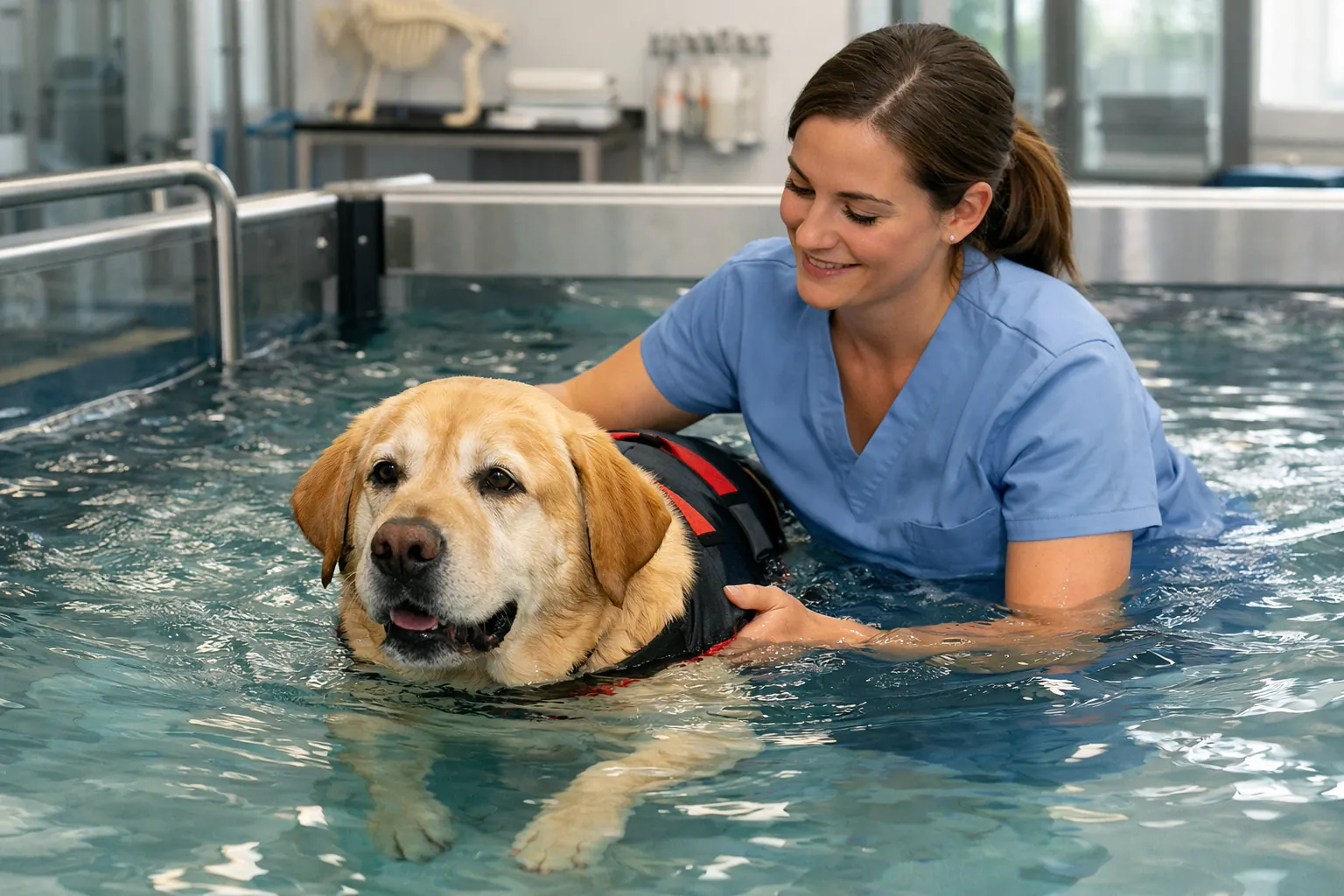 Chien de type labrador mature effectuant une séance de natation encadrée dans un bassin d'hydrothérapie vétérinaire, accompagné par un professionnel