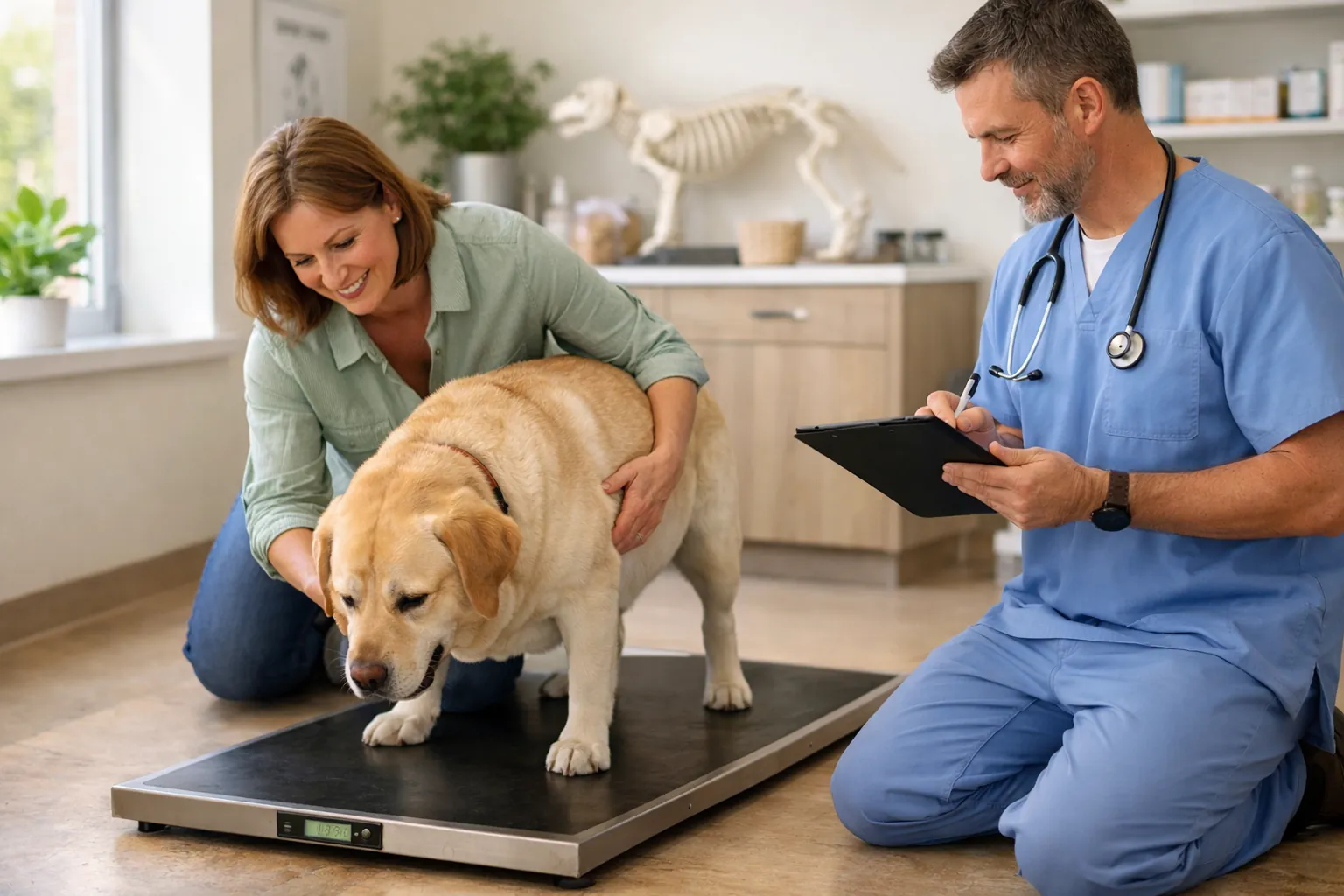 Propriétaire aidant son labrador en surpoids à monter sur une balance vétérinaire, ambiance rassurante et bienveillante