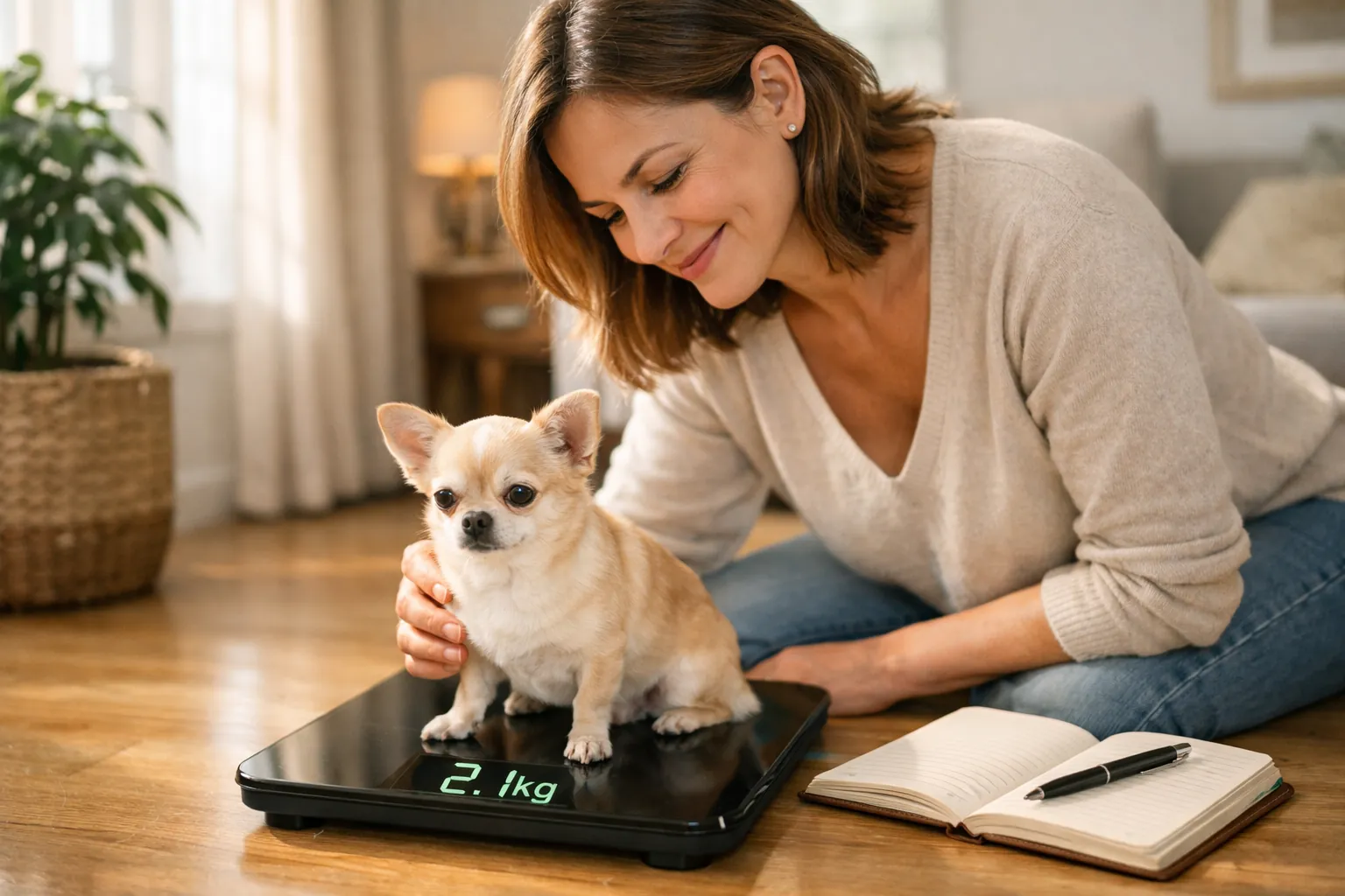 Propriétaire posant son chihuahua sur une balance de salle de bain, carnet de suivi à côté, ambiance bienveillante et lumineuse