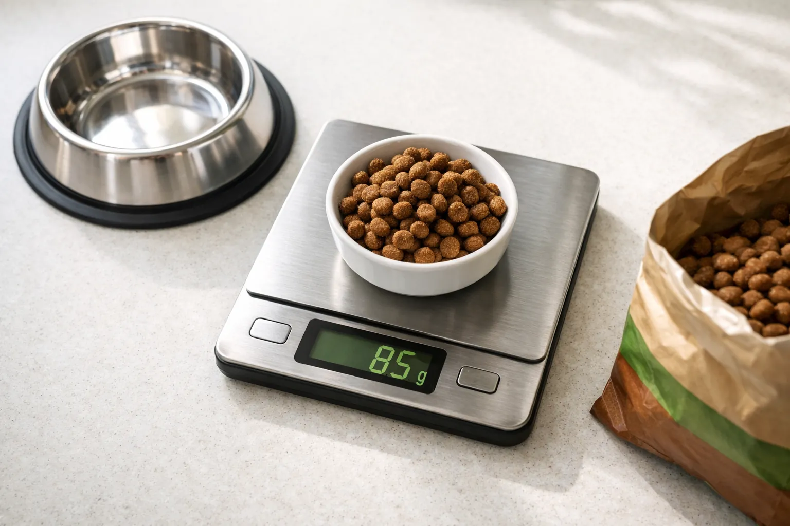 Balance de cuisine avec croquettes pesées à côté d'une gamelle de chien