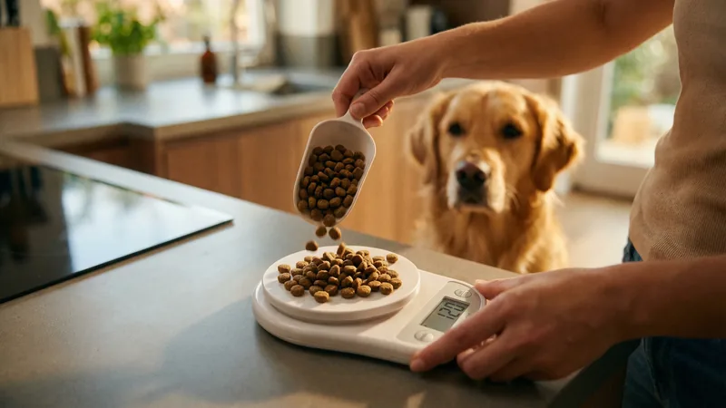 Propriétaire pesant les croquettes de son chien en surpoids sur une balance de cuisine