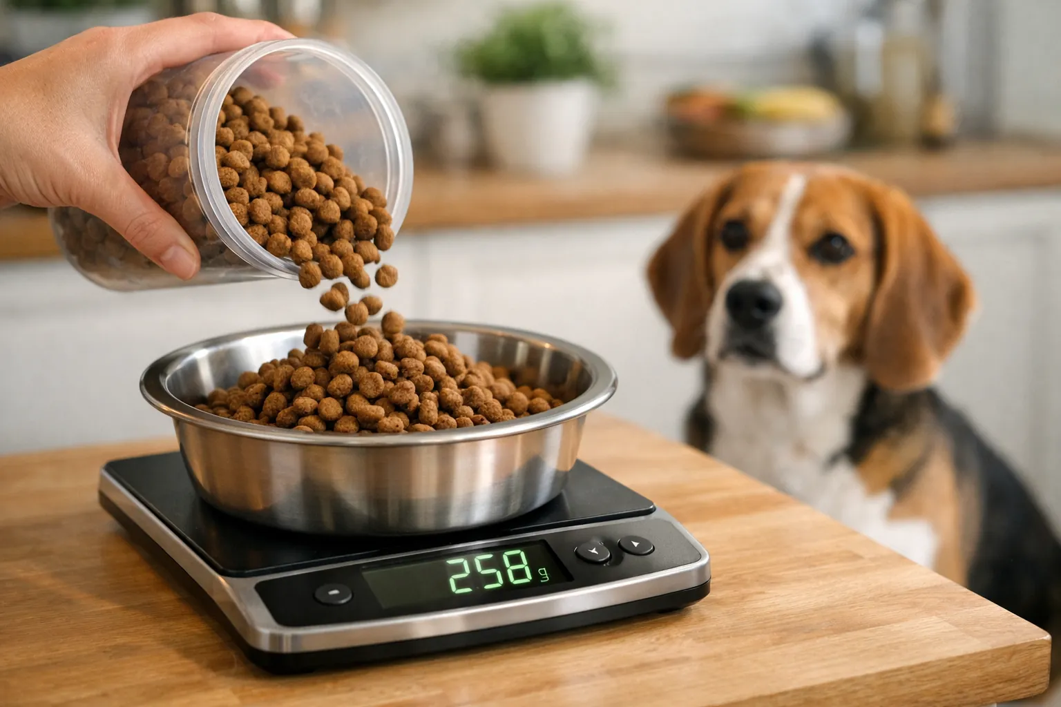 Main versant des croquettes dans un bol posé sur une balance de cuisine numérique, beagle attendant en arrière-plan