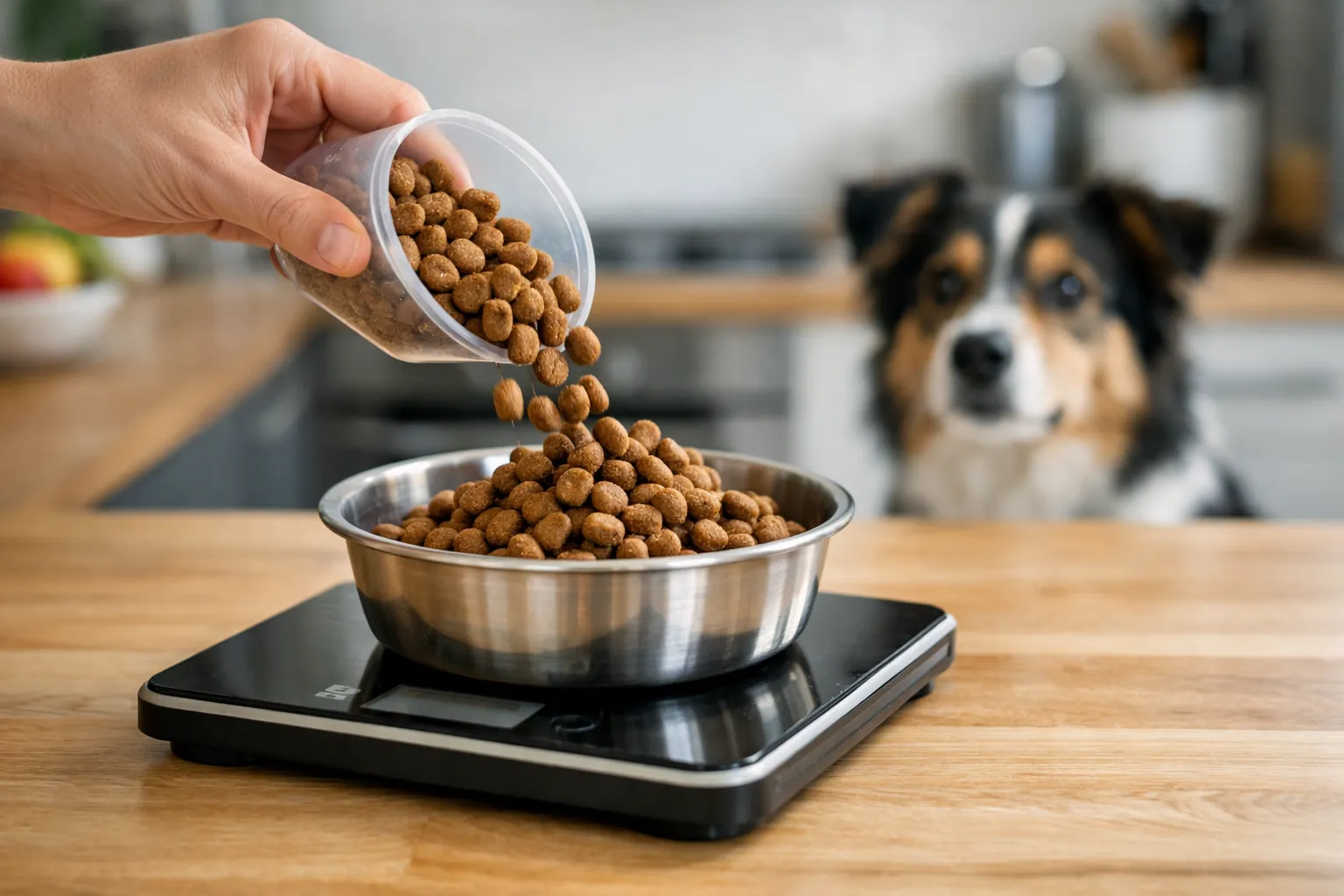 Propriétaire pesant des croquettes sur une balance de cuisine, chien attentif à côté
