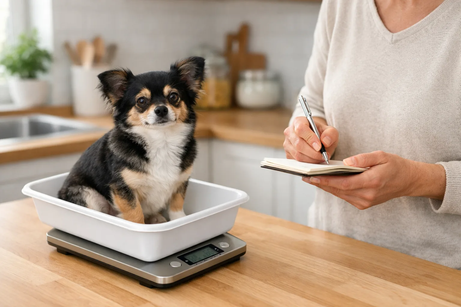 petit chien panier balance cuisine propriétaire satisfait