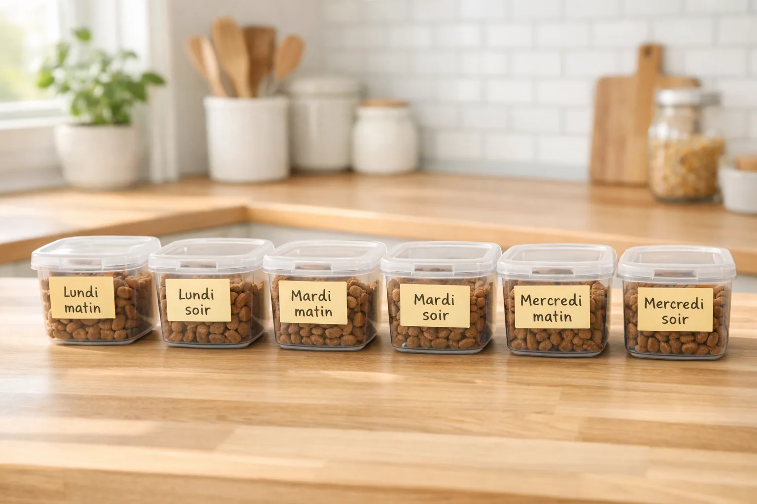 portions croquettes chien régime pré-pesées boîtes étiquetées