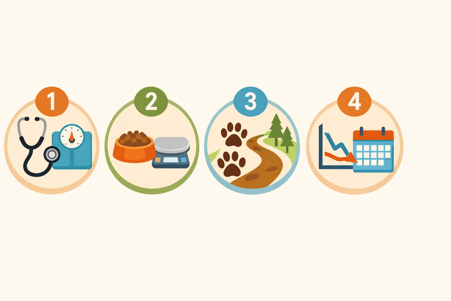 Tableau ou infographie synthétisant les 4 étapes du programme minceur pour chien