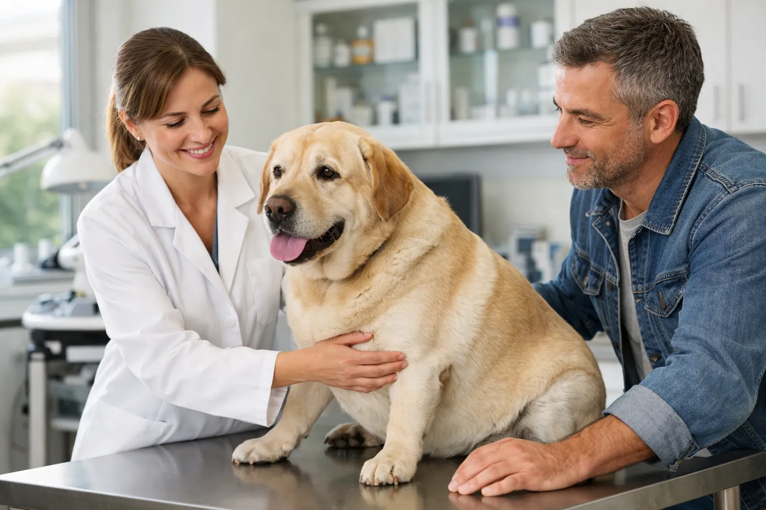 Chien en surpoids avec son propriétaire dans un cabinet vétérinaire, ambiance rassurante