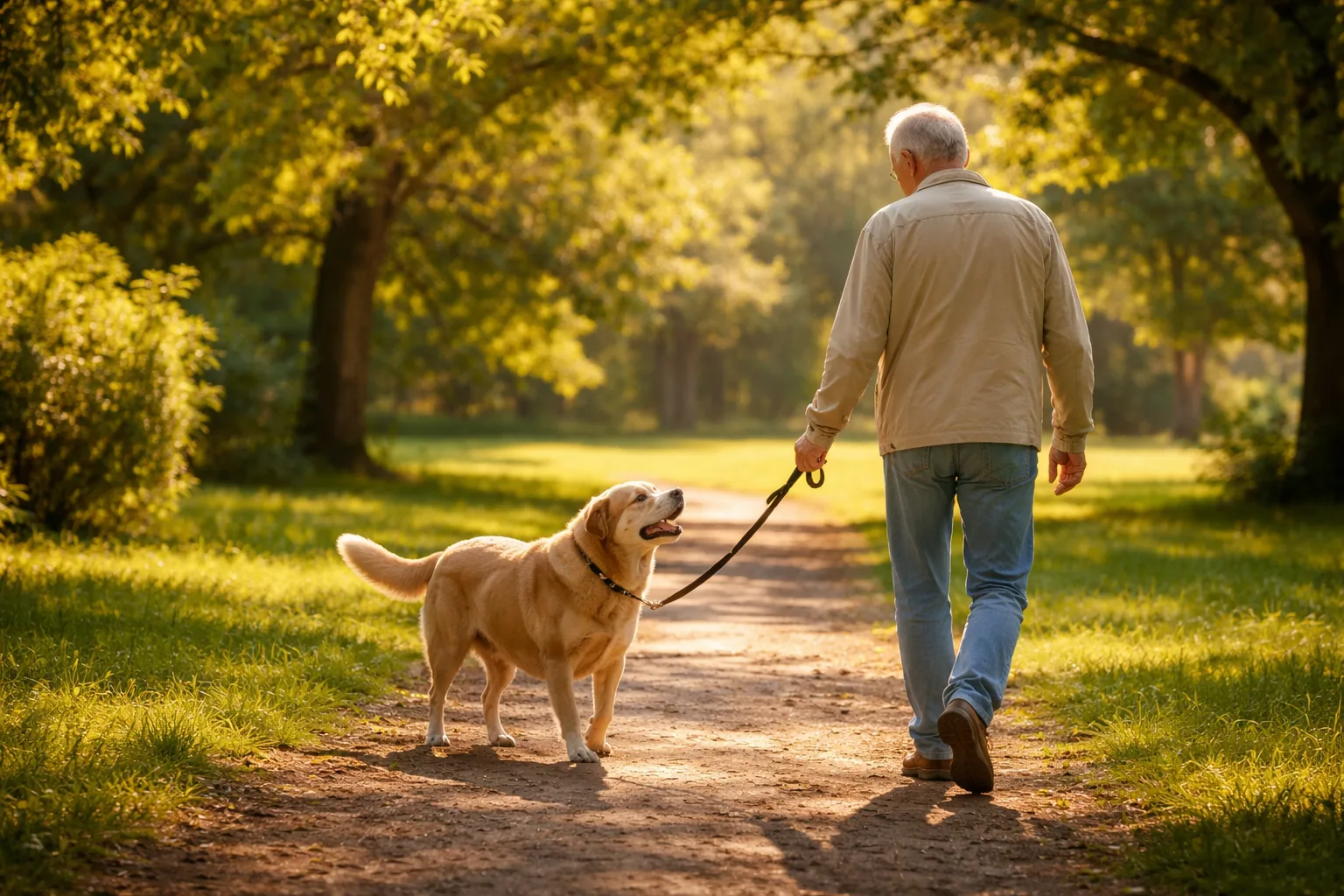 famille promenant chien surpoids au parc consignes garde respectées