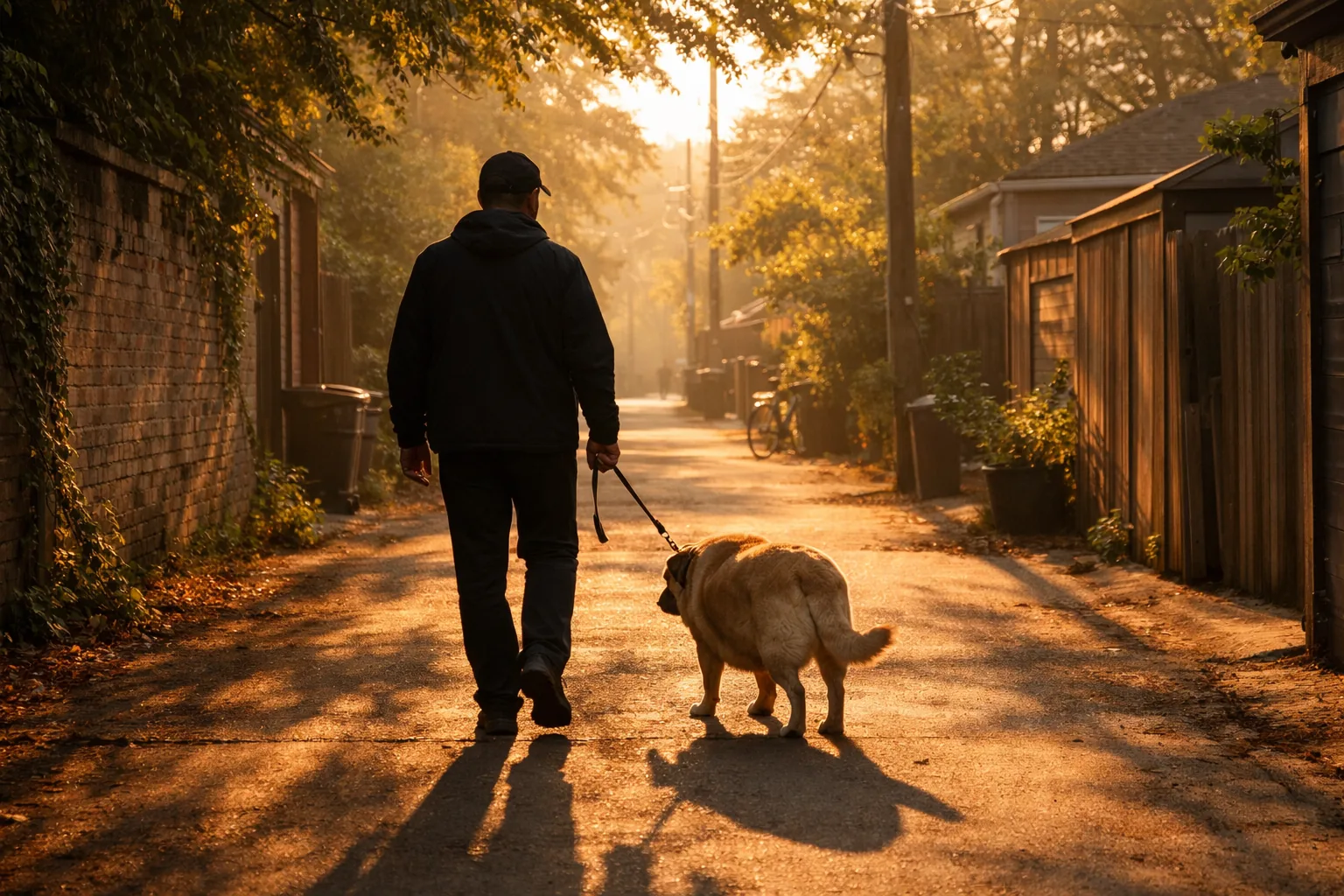 promenade matinale chien obèse à l'ombre en été