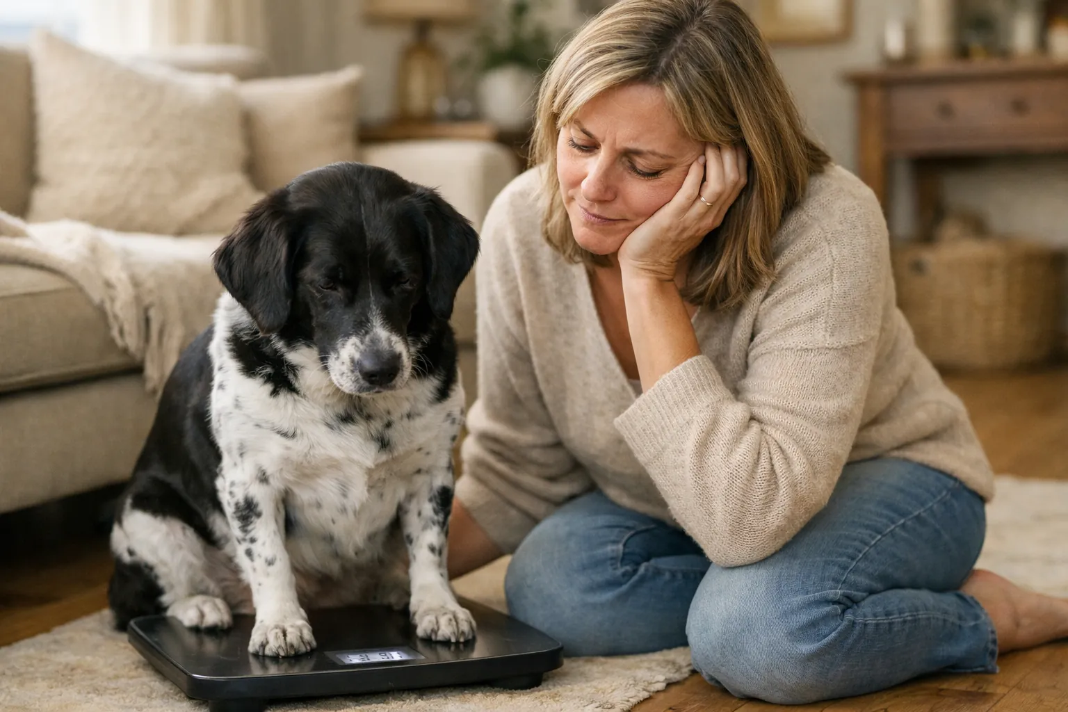 Propriétaire légèrement découragée accroupie à côté de son chien posé sur une balance, ambiance chaleureuse et bienveillante