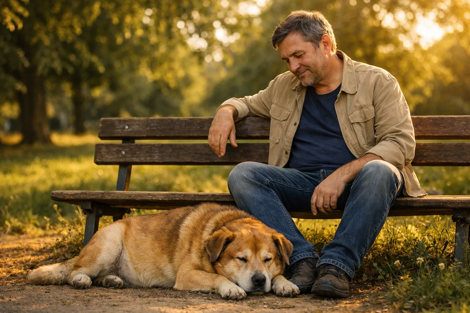 propriétaire assis banc parc chien surpoids allongé pieds moment calme solidarité