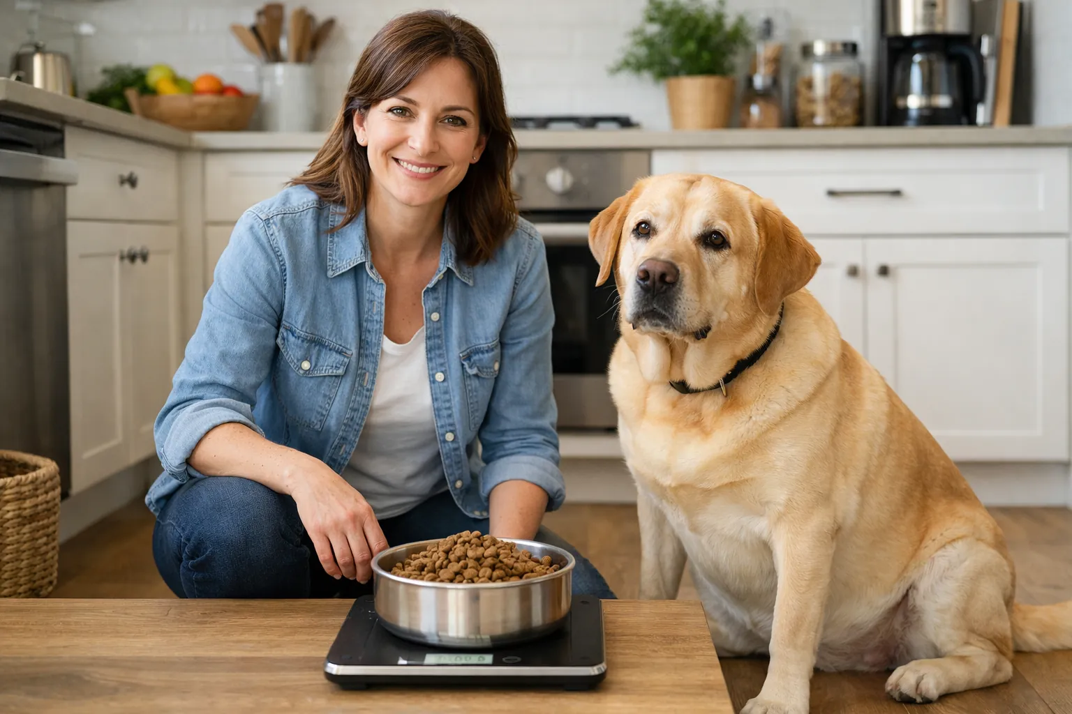 Propriétaire pesant des croquettes dans une gamelle sur balance de cuisine, labrador doré en surpoids attendant sagement à côté