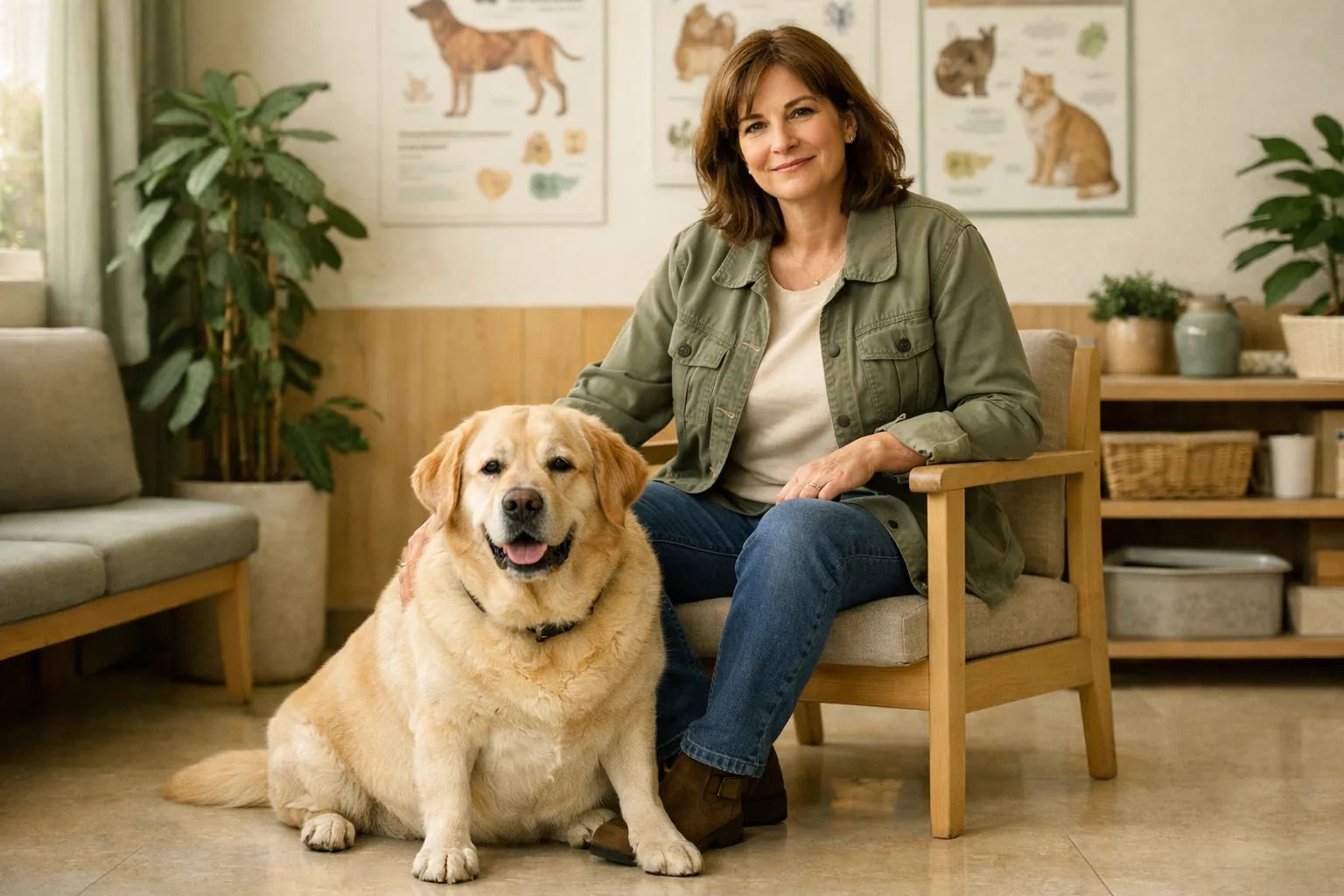 Propriétaire assis dans une salle d'attente vétérinaire avec son chien en léger surpoids, ambiance calme et accueillante. Décor chaleureux avec des affiches informatives sur la santé animale.