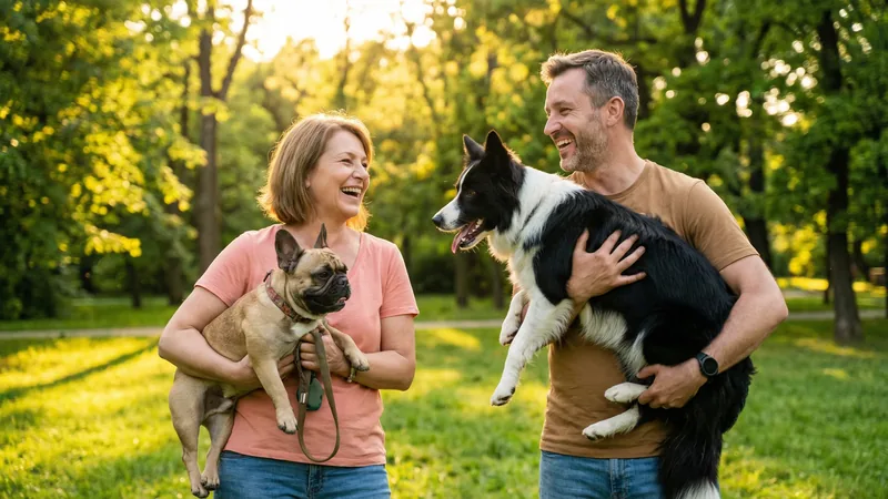Deux propriétaires discutant dans un parc avec leurs chiens de races différentes