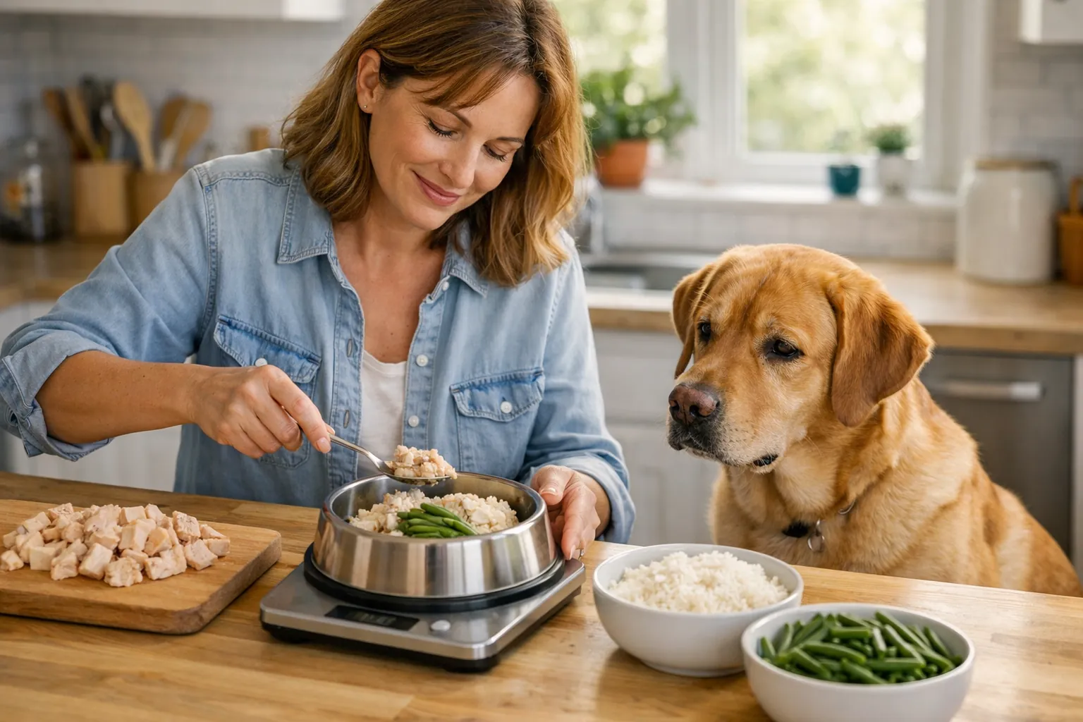 Propriétaire préparant une ration ménagère maison pour chien obèse, plan de travail avec poulet légumes balance, labrador attentif à côté