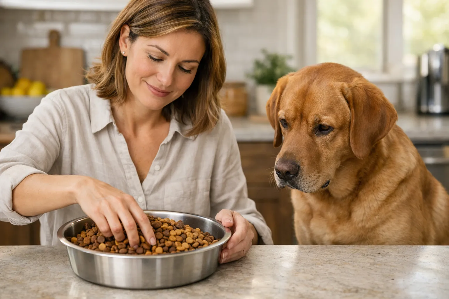 Propriétaire mélangeant deux types de croquettes dans une gamelle en inox, chien labrador assis à côté