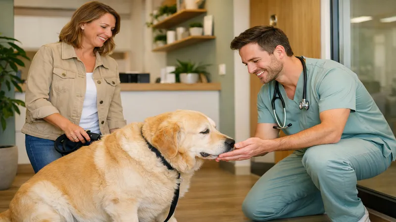 vétérinaire accueillant chaleureusement un chien en surpoids consultation bienveillante