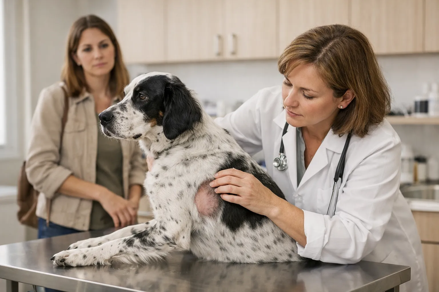 Vétérinaire inspectant le pelage d'un chien de race moyenne sur table d'examen — alopécie bilatérale visible sur le tronc
